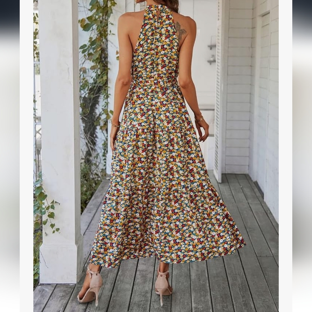 Pretty Garden multicolored halter fit and flare, swing dress. size M - Picture 16 of 16